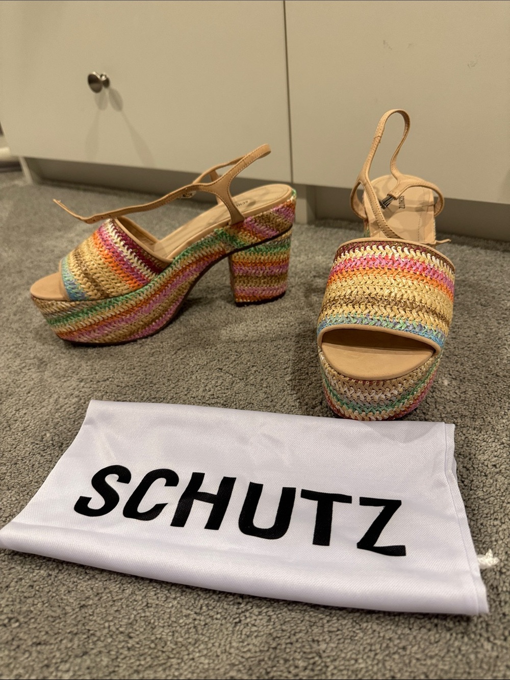 SCHUTZ Rainbow Woven Platform Sandals with Neutral Trim